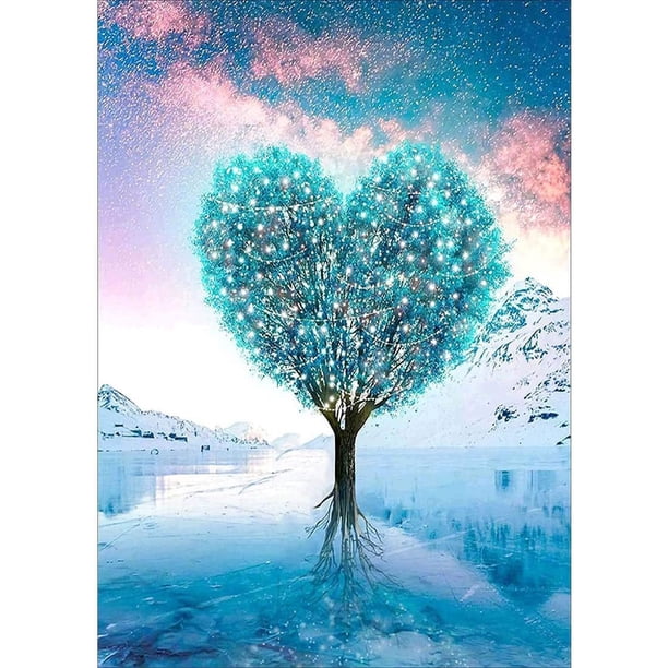 Kits de pintura de diamante 5D de árboles de paisajes naturales, kits completos de arte de diamante para decoración de pared para adultos (el árbol de amor de nieve y hielo, 15,7 x 11,8 pulgadas)