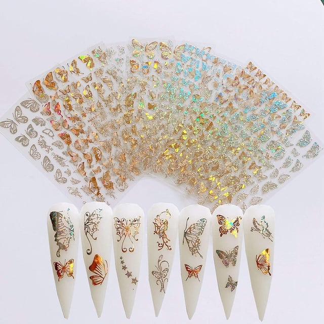 hojas de pegatinas adhesivas para decoración de uñas, diferentes formas de mariposa láser de Color dorado y plateado, decoración artística de uñas