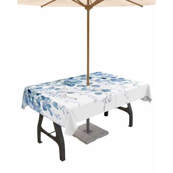 Outdoor Tablecloth with Umbrella Hole for Patio/Picnic/Party/Camping, Blue Eucalyptus Leaves Waterproof Table Cloth Rectangle Table Cover Washable, Summer Botanical Weeping 54"x 80"
