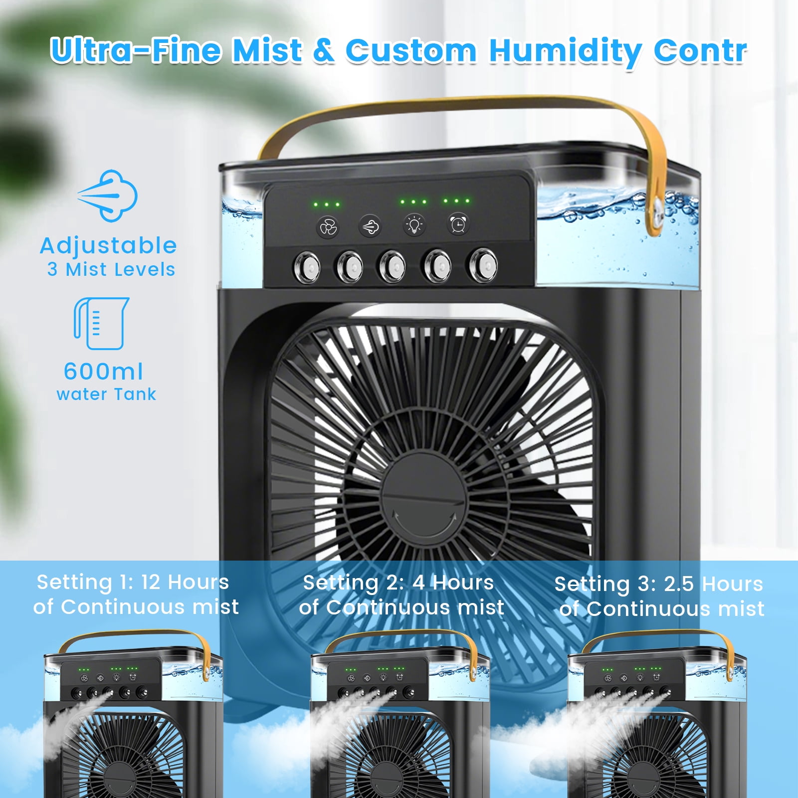 HEEYCEM 10 Inch Ice Mist Desktop Fan, Humidifying Cooling Fan Compatible with Essential Oil, Mosquito Repellent Liquid and Ice Cubes, 3 Speed Adjustable, 180° Adjustable Angle, Detachable Easy Clean