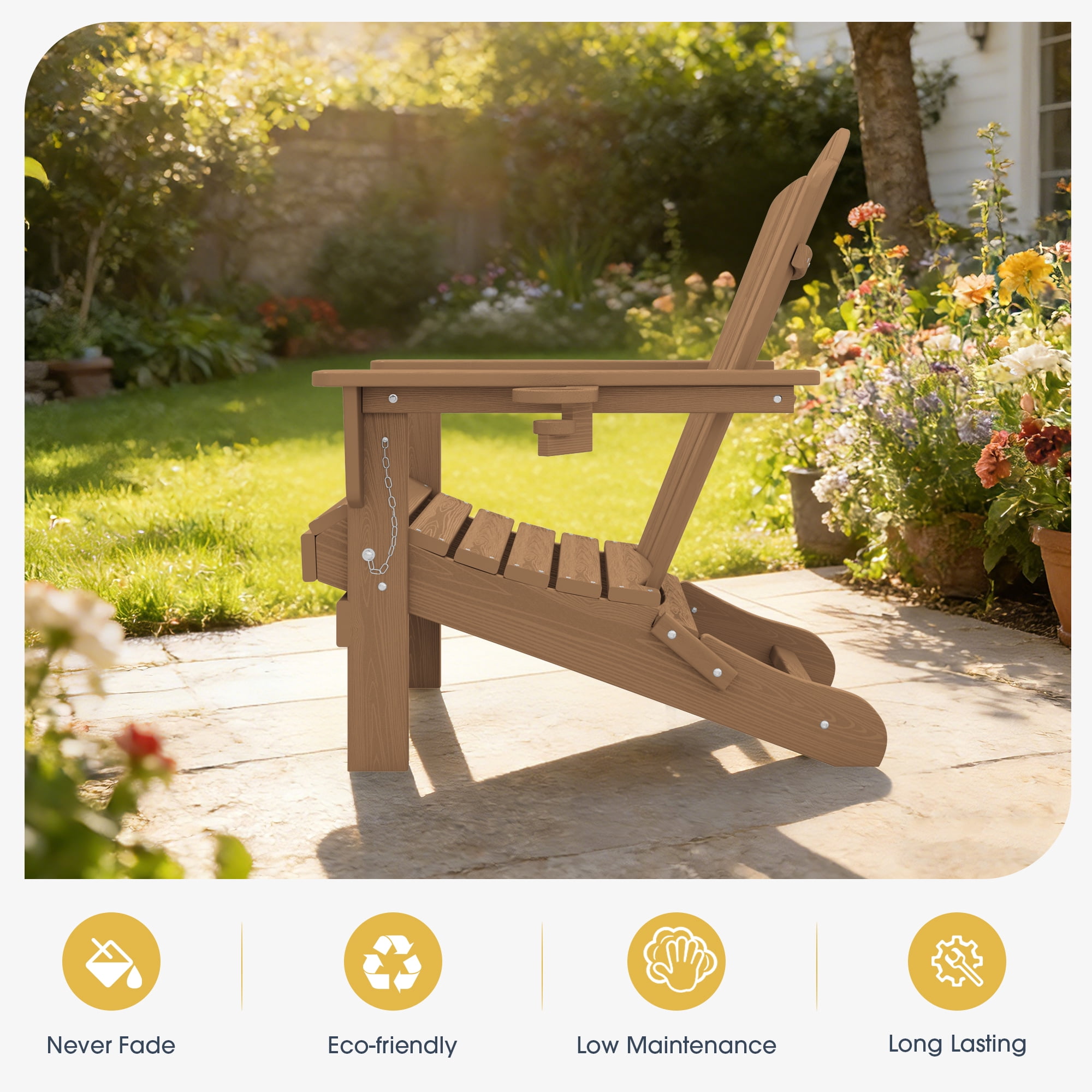 KINGYES Folding Adirondack Chair with Cup Holder, HDPE All-Weather Folding Adirondack Chair, Fir Pit Chairs for Patio Garden Backyard