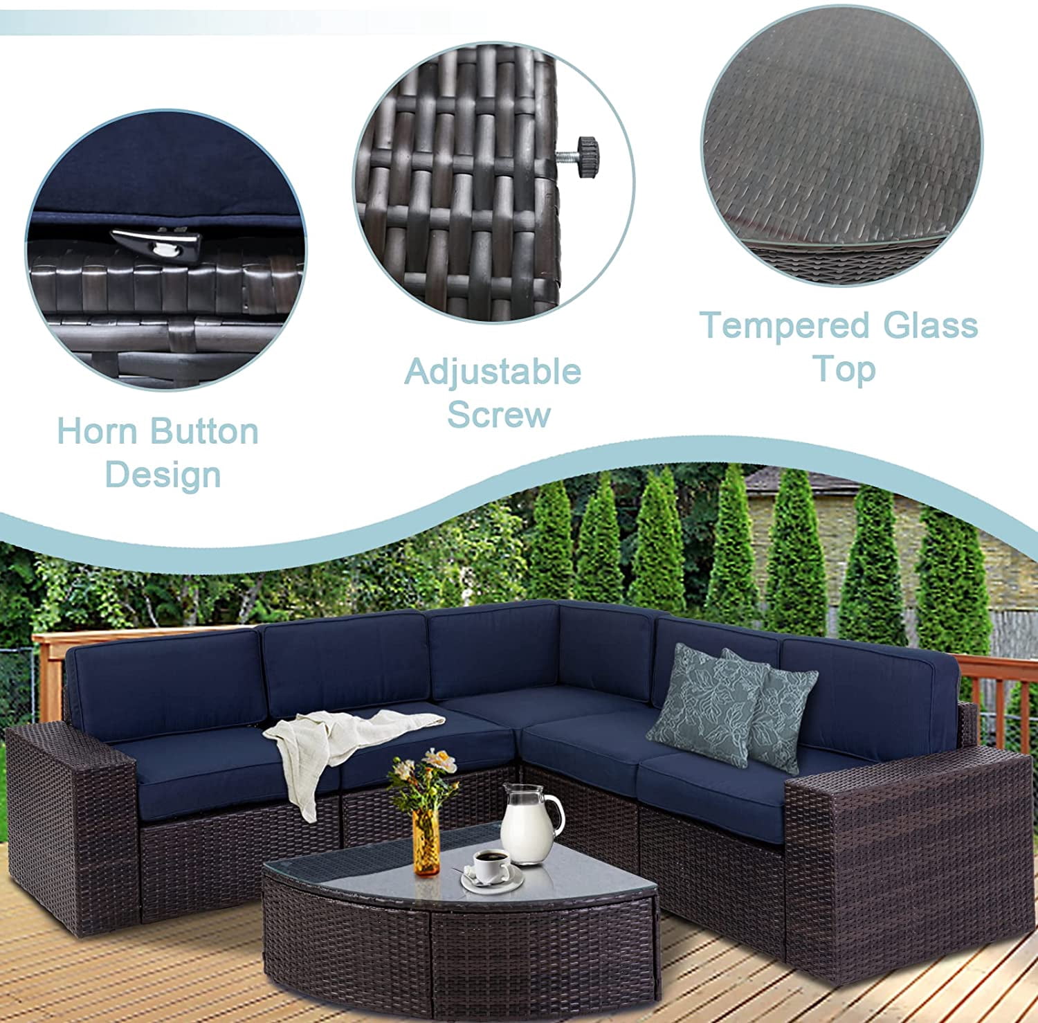 SUNCROWN 6-Piece Patio Furniture Sets Brown Wicker Outdoor Conversation Set with Coffee Table and Navy Blue Cushions