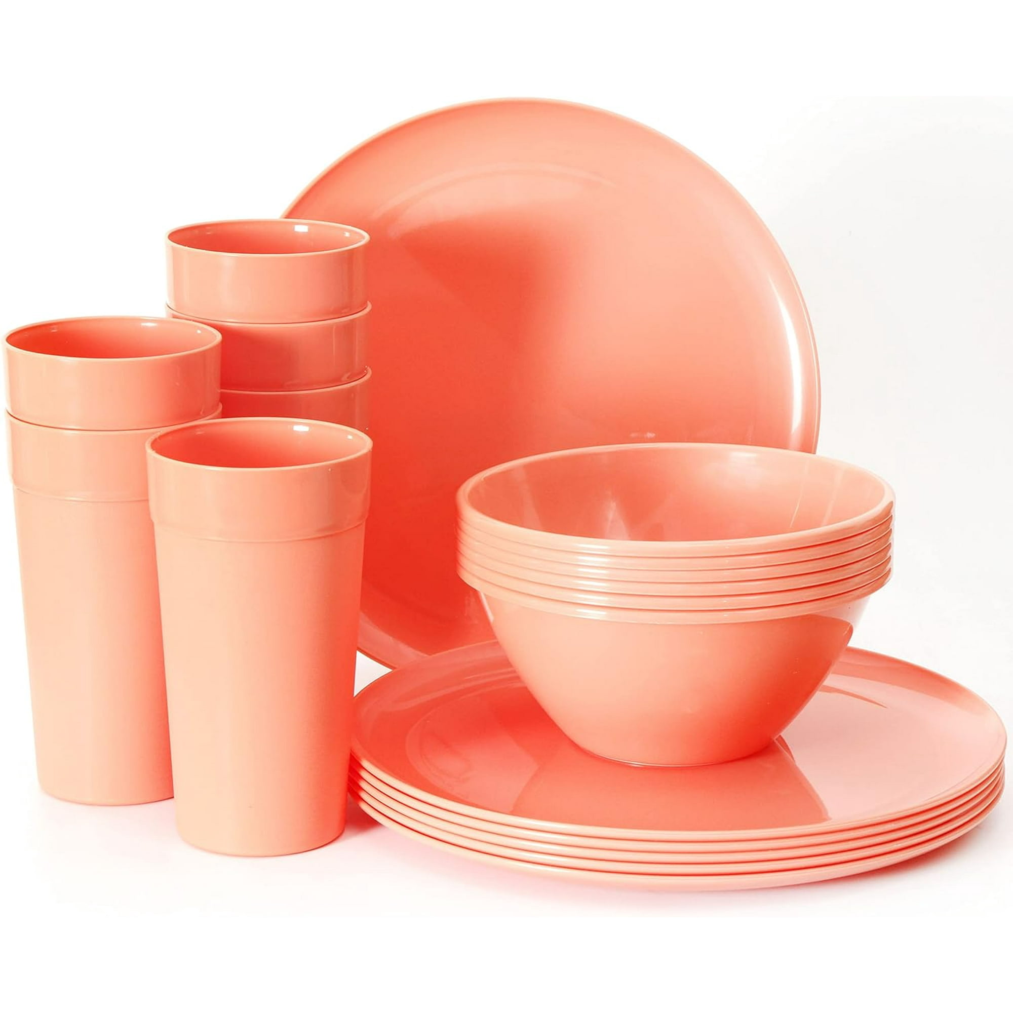GHSDFBB 18 Piece Plastic Kitchen Dinnerware Set Plates Dishes Bowls Cups Service for 6 Peach Walmart