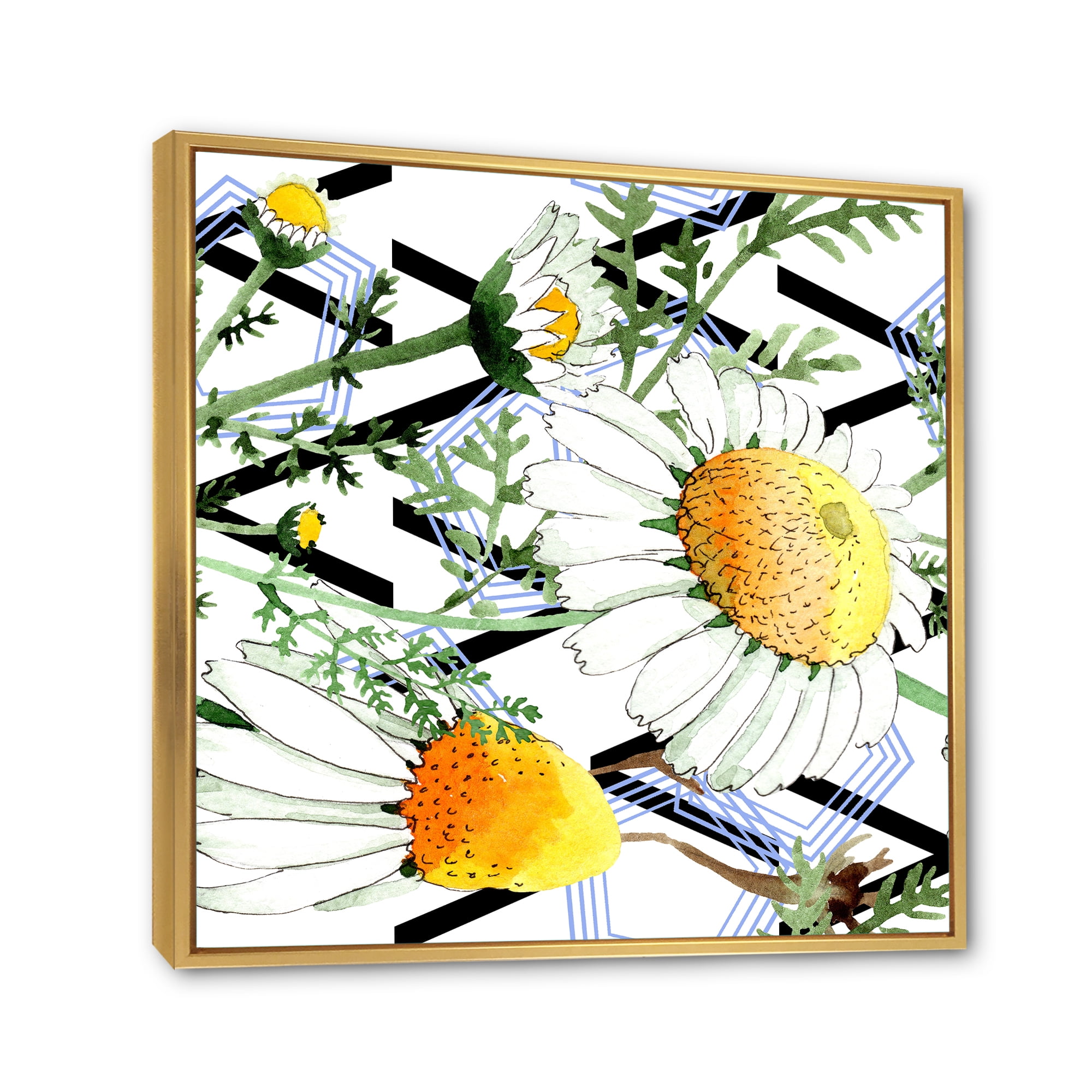 Designart 'Wild Spring Chamomile Flowers On Geometric Lines' Traditional Framed Canvas Wall Art Print