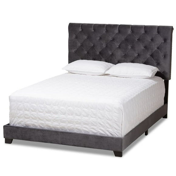 Baxton Studio Candace Velvet Tufted Queen Bed in Dark Grey