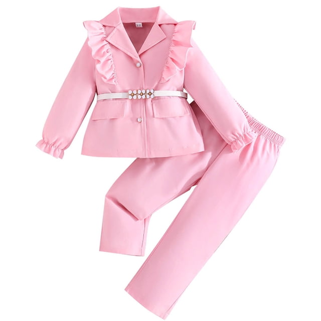 Odeerbi Niñas 3 Pcs Caballero Traje Formal Ruffle Entallado Solapa Blazer Chaqueta + Traje Pantalones + Cinturón de Vestidos de Boda Conjunto