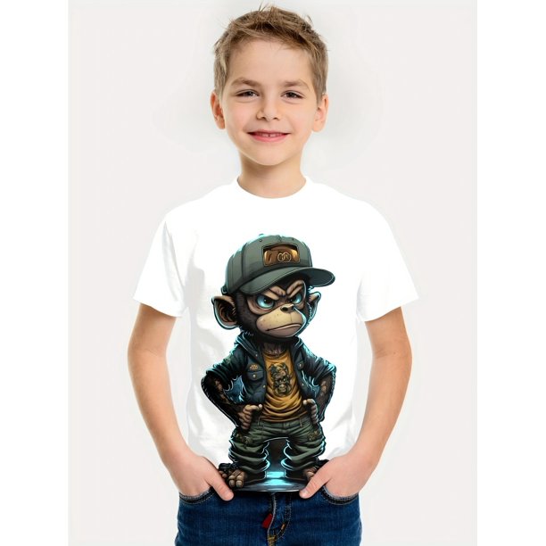 Cool Monkey 3D Print Tee Tops, Boy's Round Neck Casual Short Sleeve Comfortable Soft Versatile T-shirt