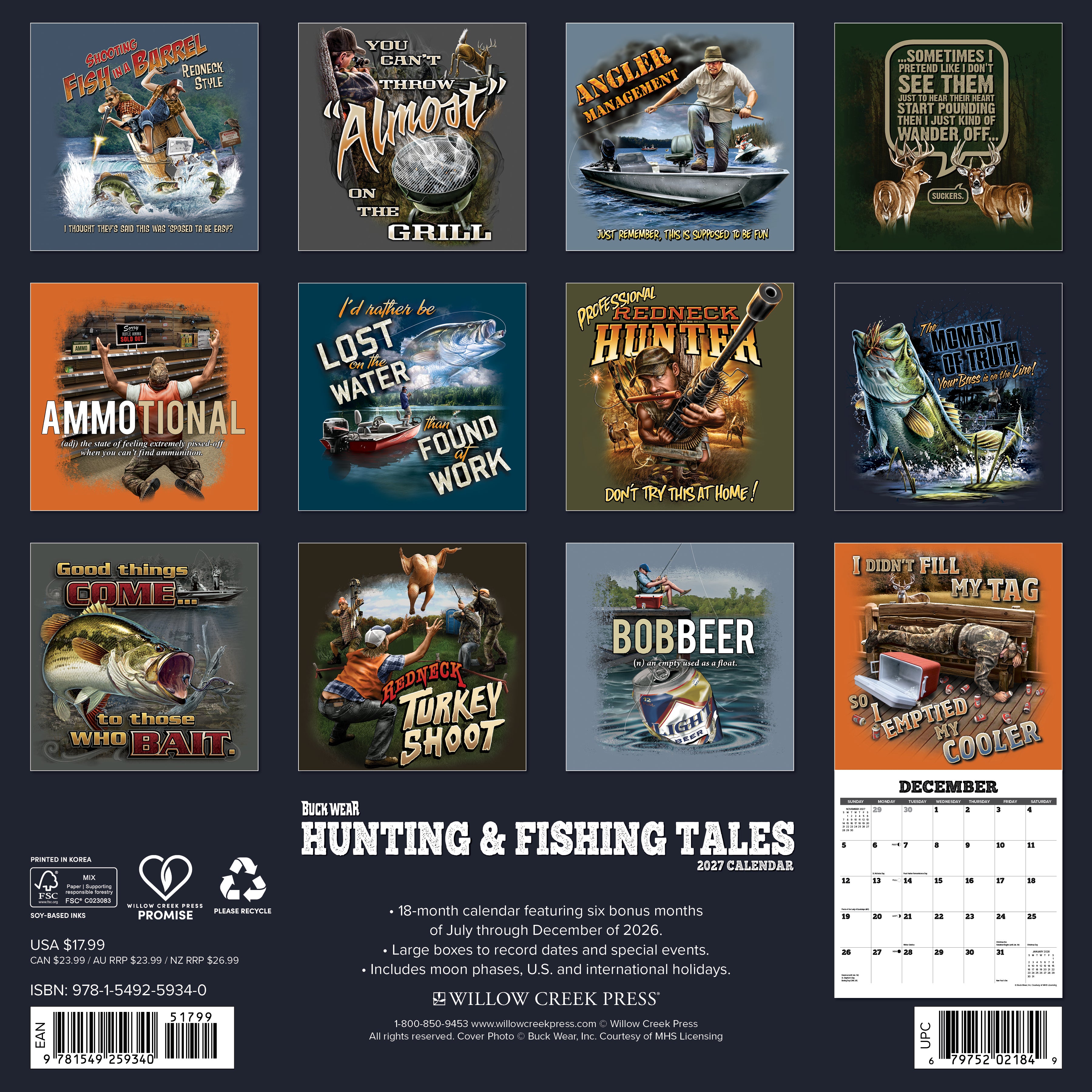 Willow Creek Press, Buck Wear Hunting & Fishing Tales 2027 Wall Calendar
