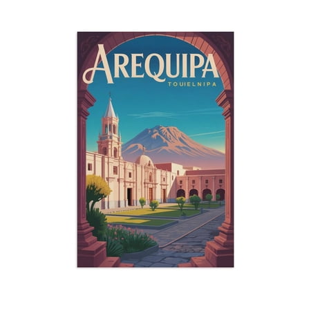 Arequipa Peru Vintage Travel Poster Print with Warm Tones And Historic Architecture Canvas Poster