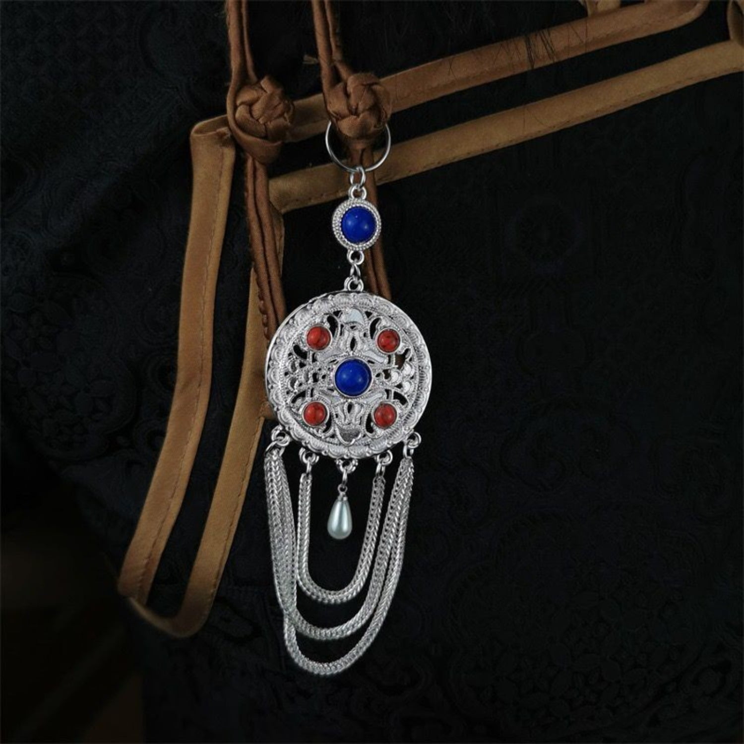 Mongolian Robe Ornament Ethnic Chest Pendant Tibetan Style Handmade Decorative Accessory for Costume Home or Cultural Display