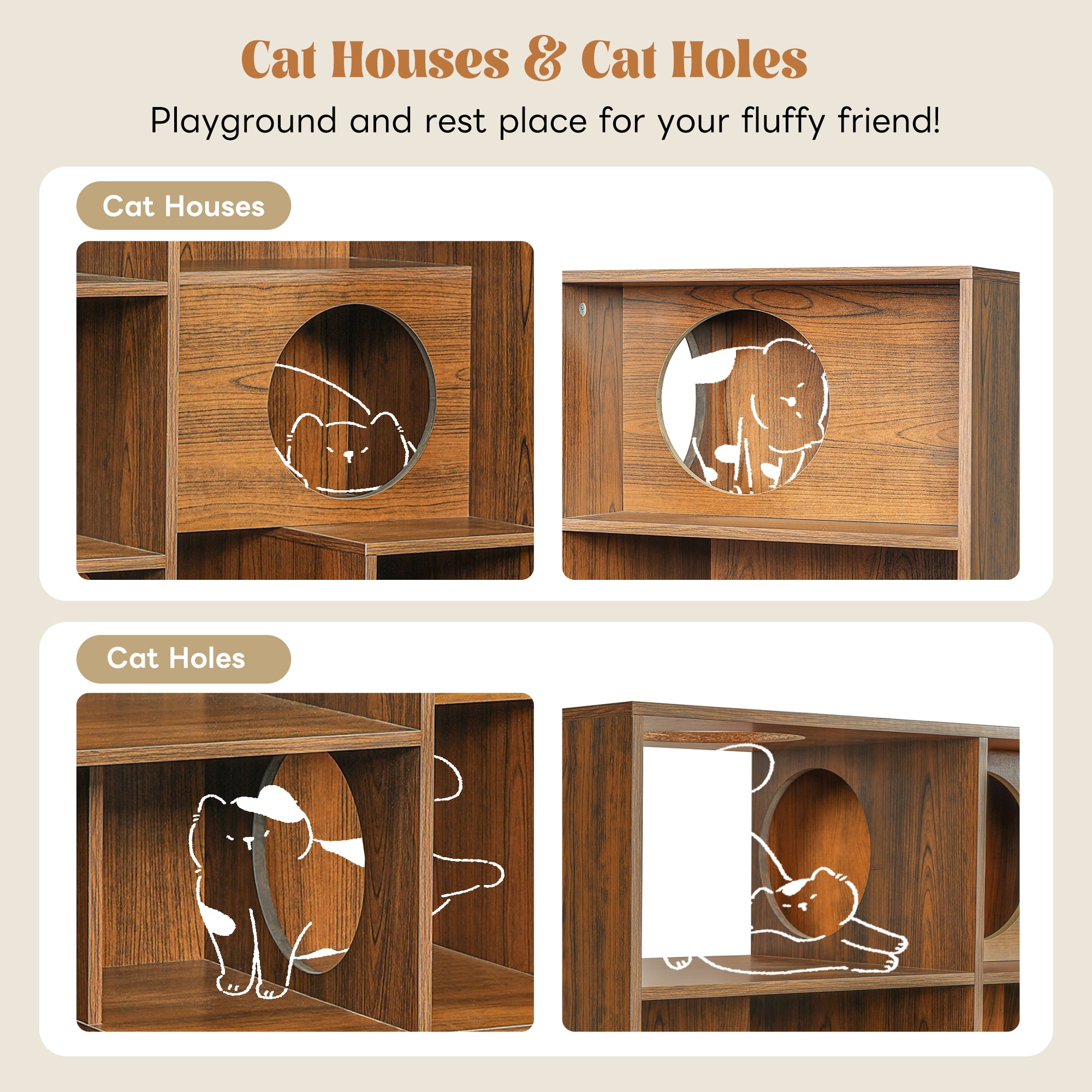 Euroco 2 in 1 Wood Bookshelf Cat House, Modern Cat Tree Display Case with Storage,Built-in Cat Houses and Pass-Through Cat Holes,Cat Litter Box Enclosure Climbing Shelf,Brown