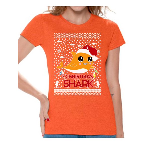 Awkward Styles Ugly Xmas Shirts for Women Christmas Smiling Shark T-Shirt