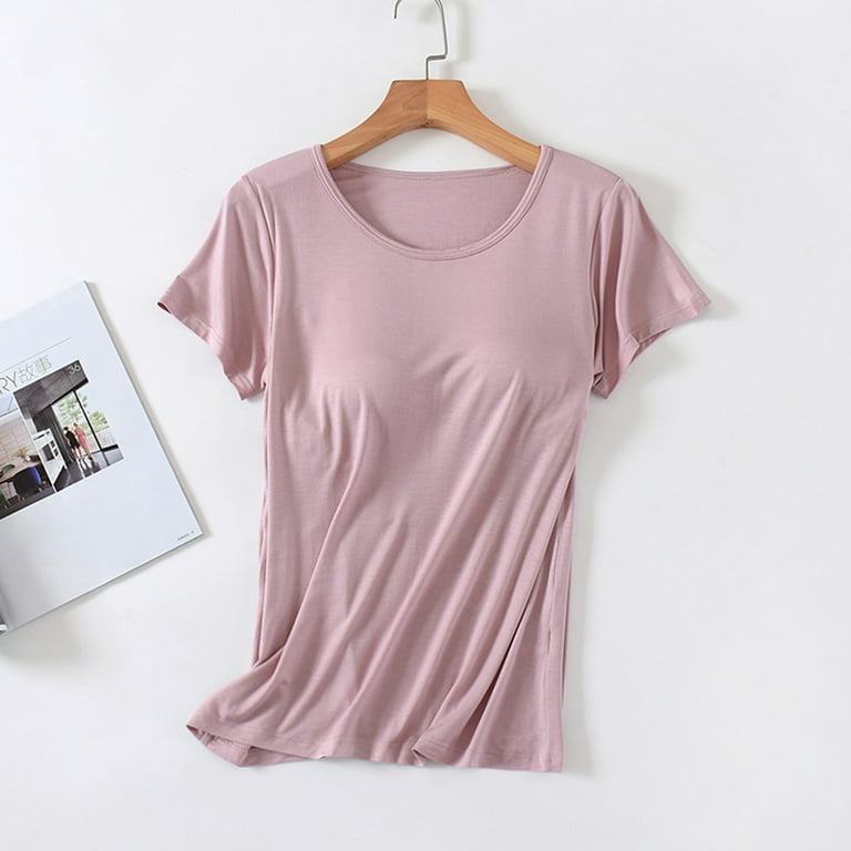 Ladies Short Sleeve Tops With Built In Bra Women Push Up Padded Layer T  Shirt