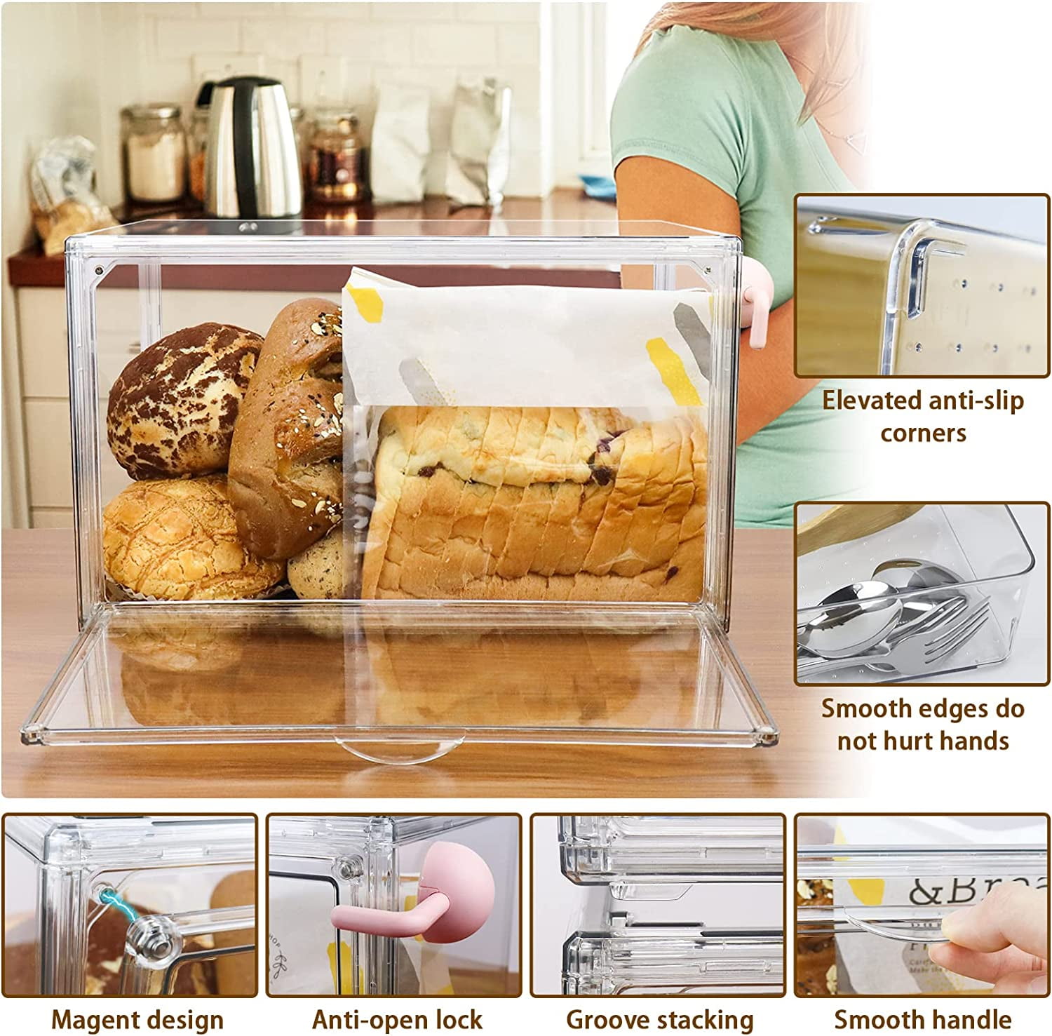 Large Bread Box Stackable Double Layer Bread Storage Container