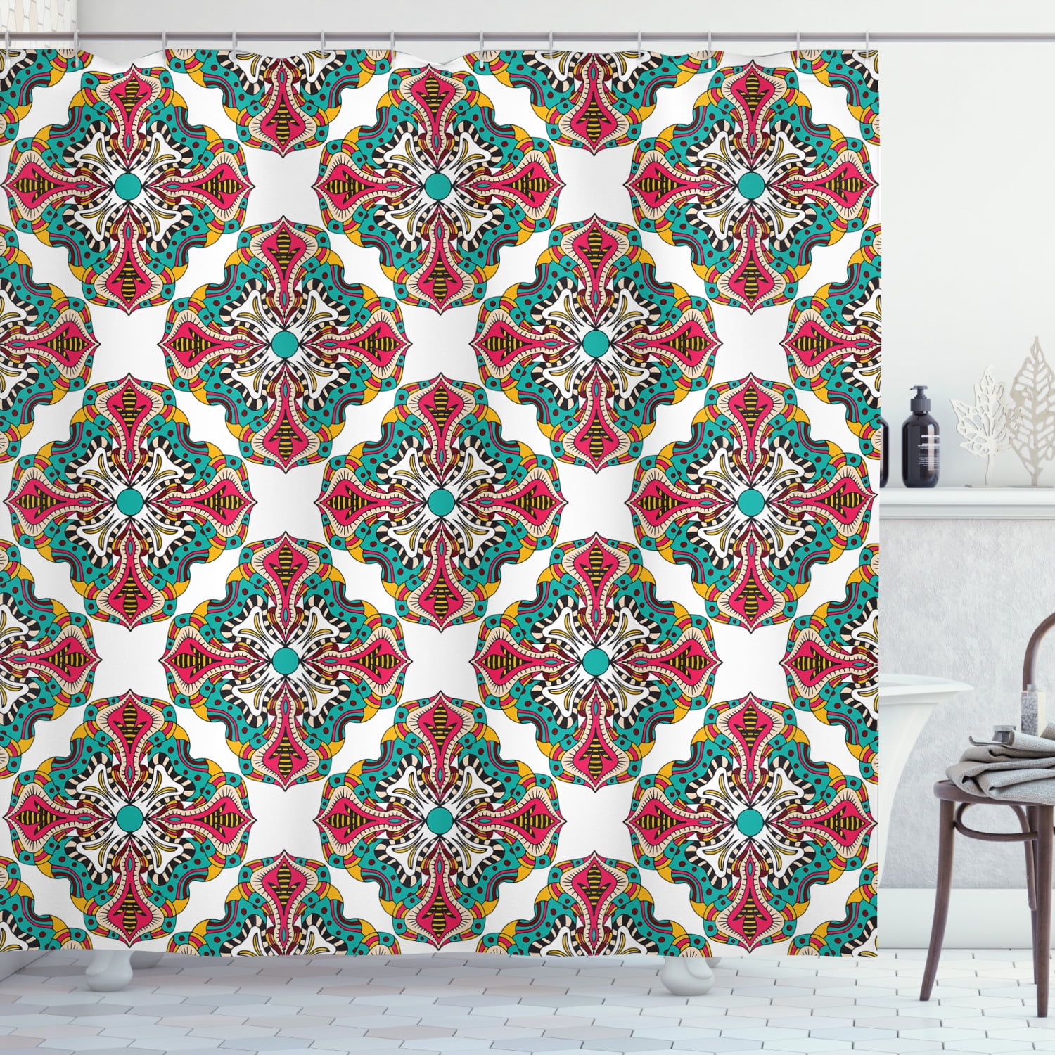 Colorful Shower Curtain, Exotic Stylized Floral Motifs Rich in Colors