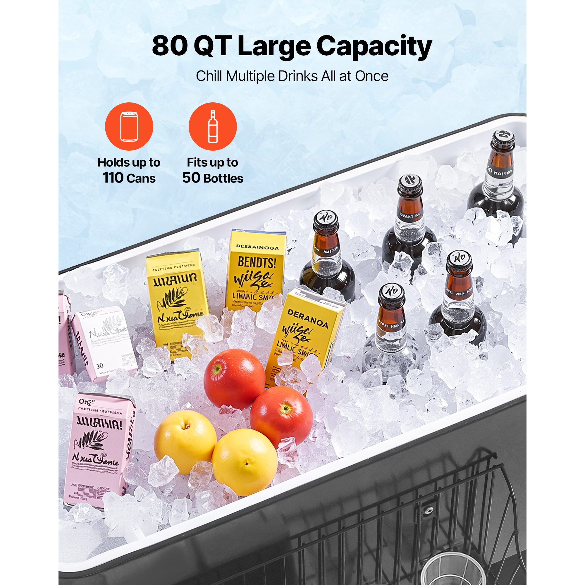 KFFKFF 80 Quart Rolling Ice Chest, Accommodates 50 Bottles or 110 Cans, Mobile Outdoor Party Drink Cooler with Lower Shelf, Beverage Storage with Side Basket and Built-in Bottle Opener, Black