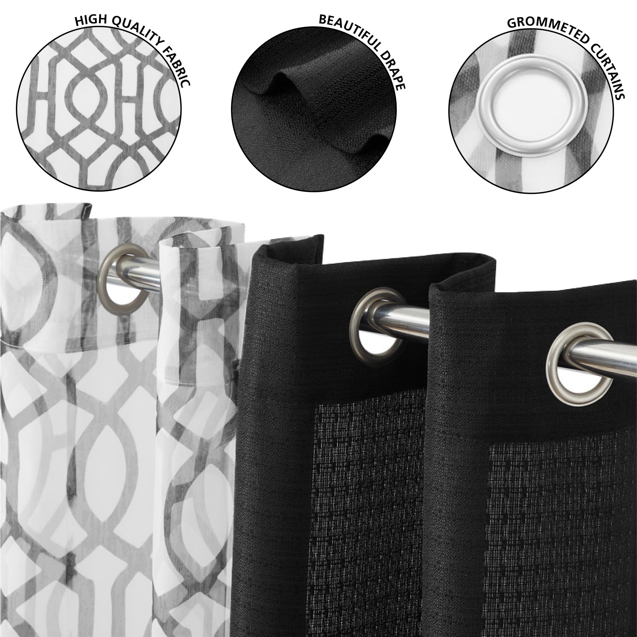(2 pack) Mainstays Kingswood Solid and Printed Sheer Grommet Curtain Panel Set, 4 Piece, Black, 27.5" W x 63" L