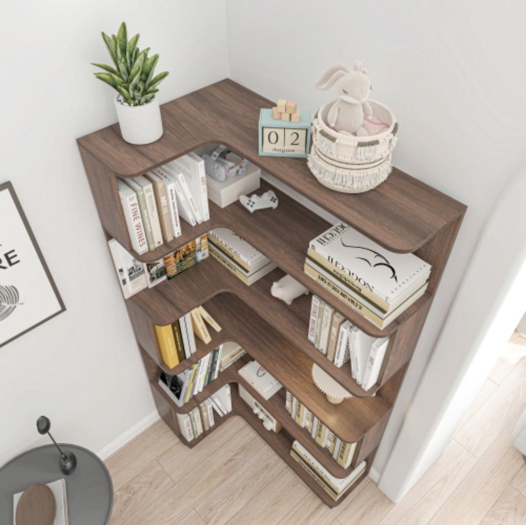 5-Tier L-Shaped Corner Bookshelf, 35.43" Freestanding Wooden Bookcase with Anti-Drop Panels & Anti-Tip Device, Open Display Storage for Living Room, Bedroom & Home Office, Dark Brown