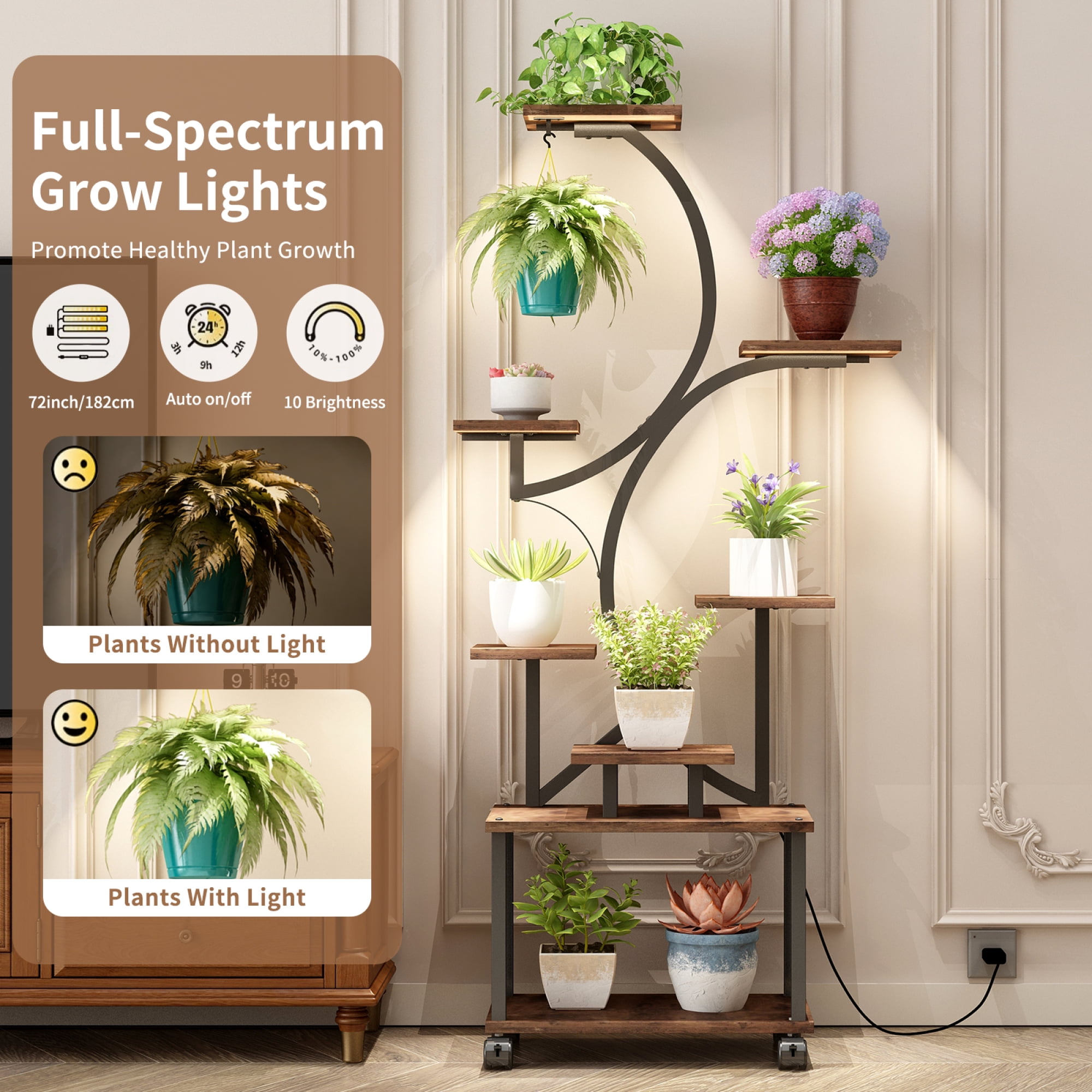 Leumius Plant Stand with Grow Lights, 62" Tall Plant Shelf, Lighted Corner Plant Stands for Indoor Growing, 8 Tiered Large Flower Holder, S-Shaped Decorative Rack for Living Room Home Patio Brown