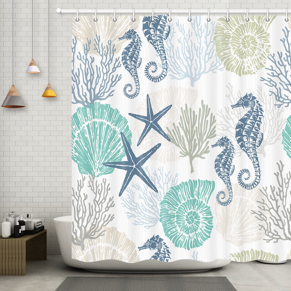 Nautical Coastal Shower Curtains, Waterproof Fabric Starfish Coral Seahorse Conch Ocean Themed Bath Curtain, Tropical Marine Animal Decor for Bathroom With Hooks 48X70in
