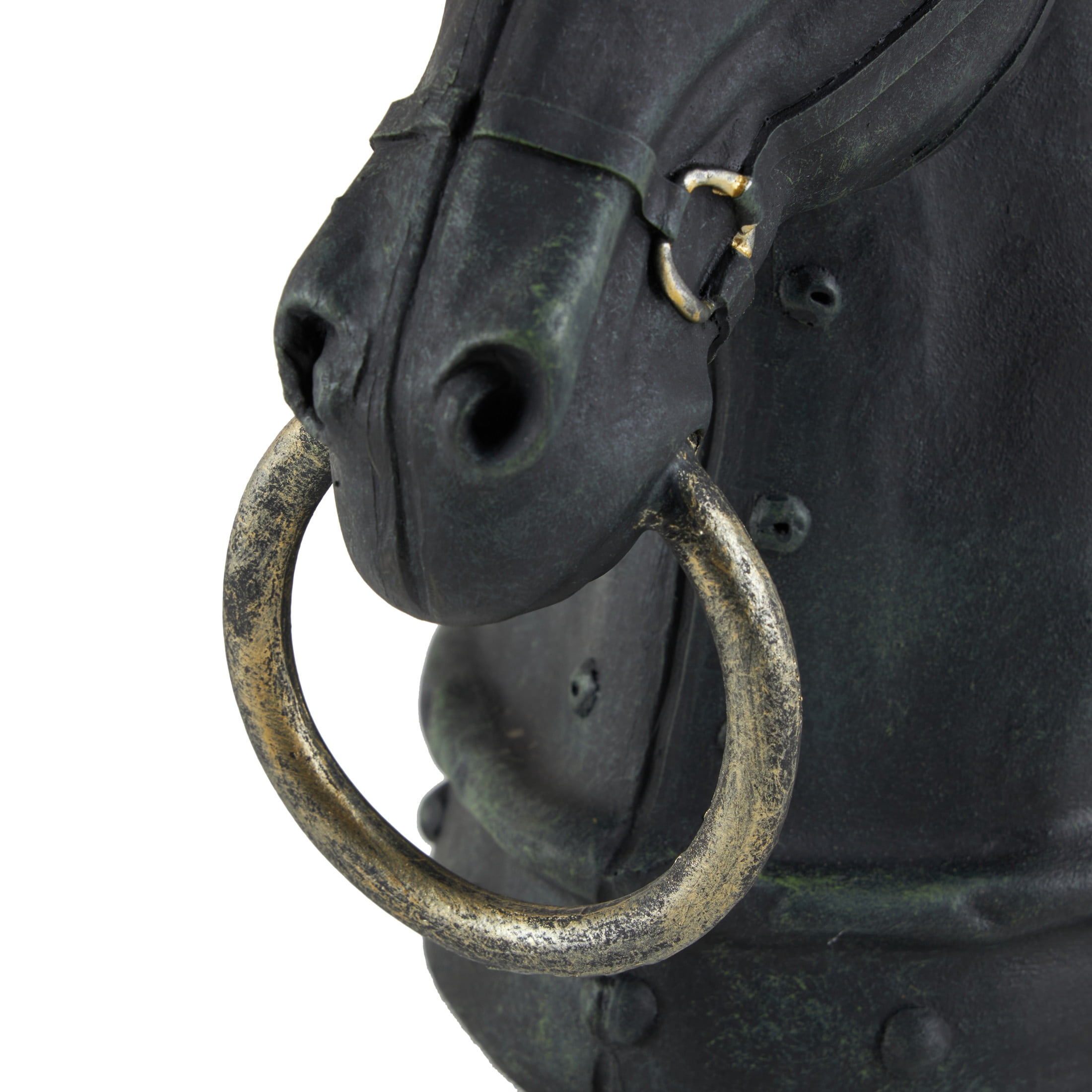 9" x 12" Black Polystone Antique Style Head Horse Sculpture with Hitching Post and Gold Accents, by DecMode