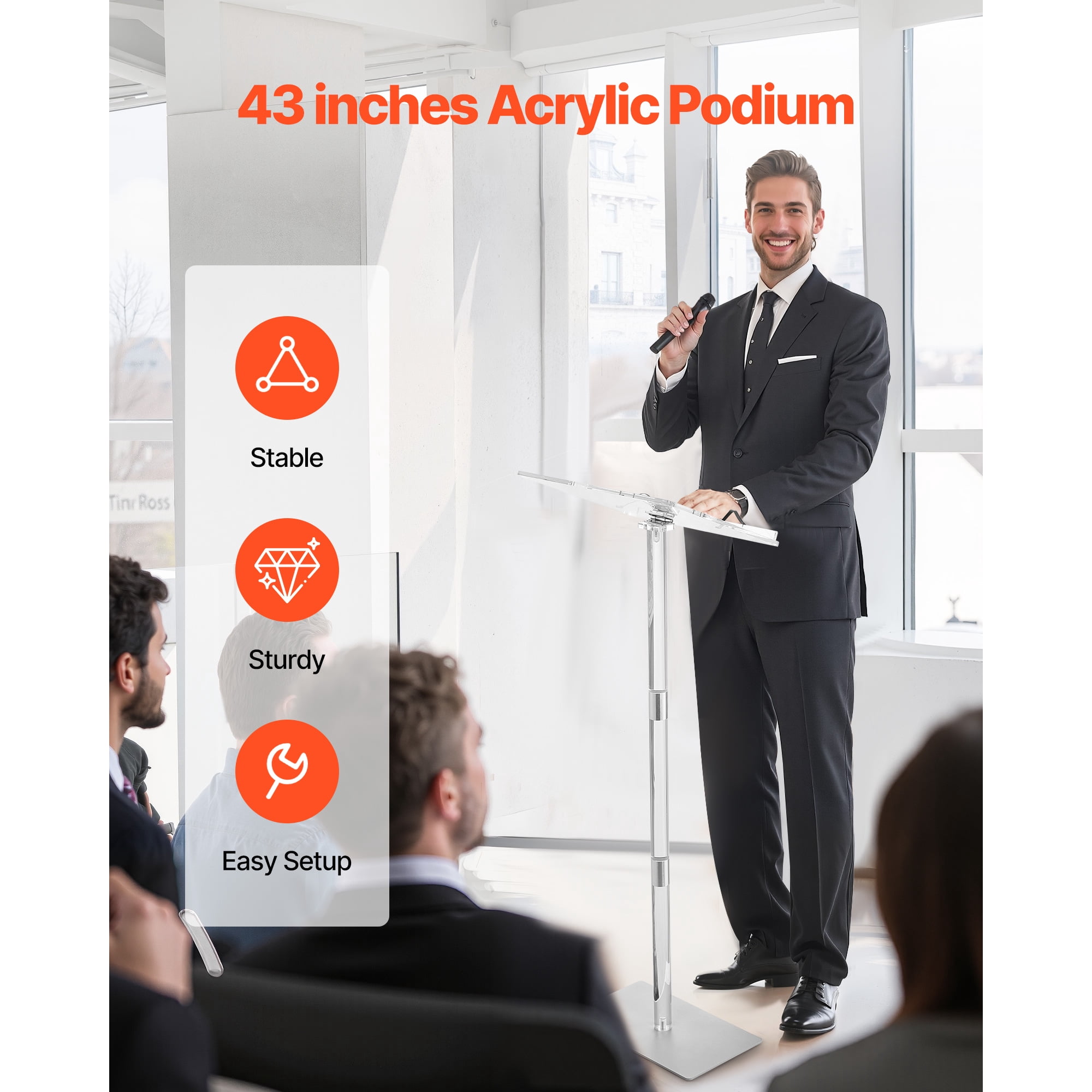 KFFKFF 43-Inch Acrylic Podium Stand, Portable Lectern with Spacious Reading Surface, Book Holders, Adjustable Angle, Floor-Standing Design for Events, Presentations, and Gatherings