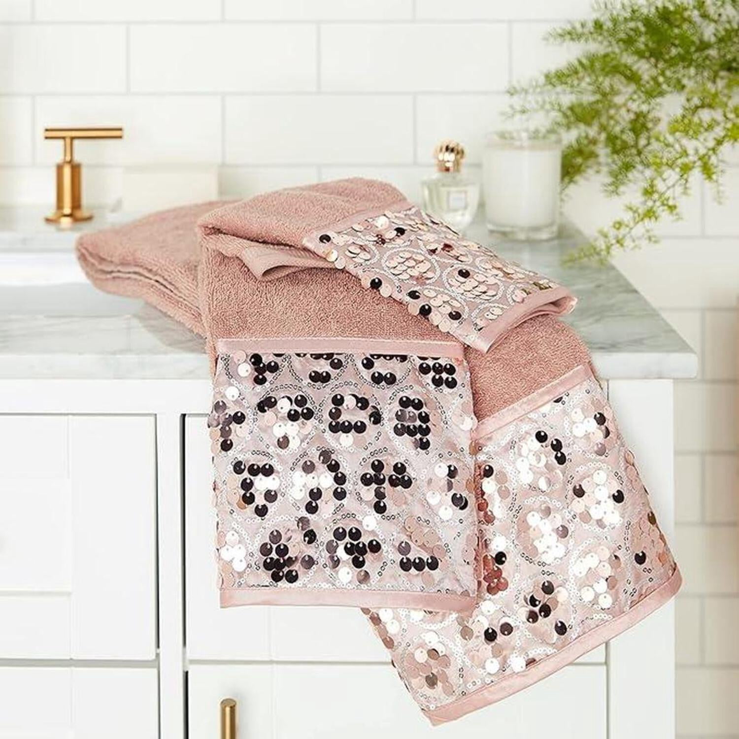 Popular Bath Sinatra Blush 3 Piece Towel Set with Sequins