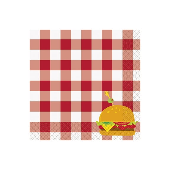 Classic BBQ 16 Ct Lunch Napkins Summer Party Red Gingham Burger