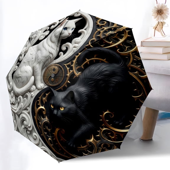 Yin Yang Black and White Cat Print Automatic Folding Umbrella, Portable 8-Rib Windproof Rain Umbrella for Outdoor, Travel, and Daily Use