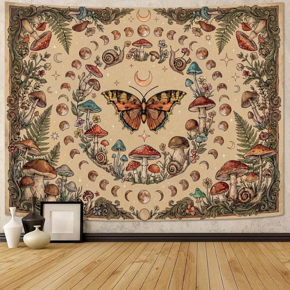 LQSEO Boho Vintage Moon Phase Tapestry, Botanical Aesthetic Butterfly Plant Mushroom Wall Hanging for Bedroom Dorm Decor, Boho Tapestry Beige 36X48 Inches