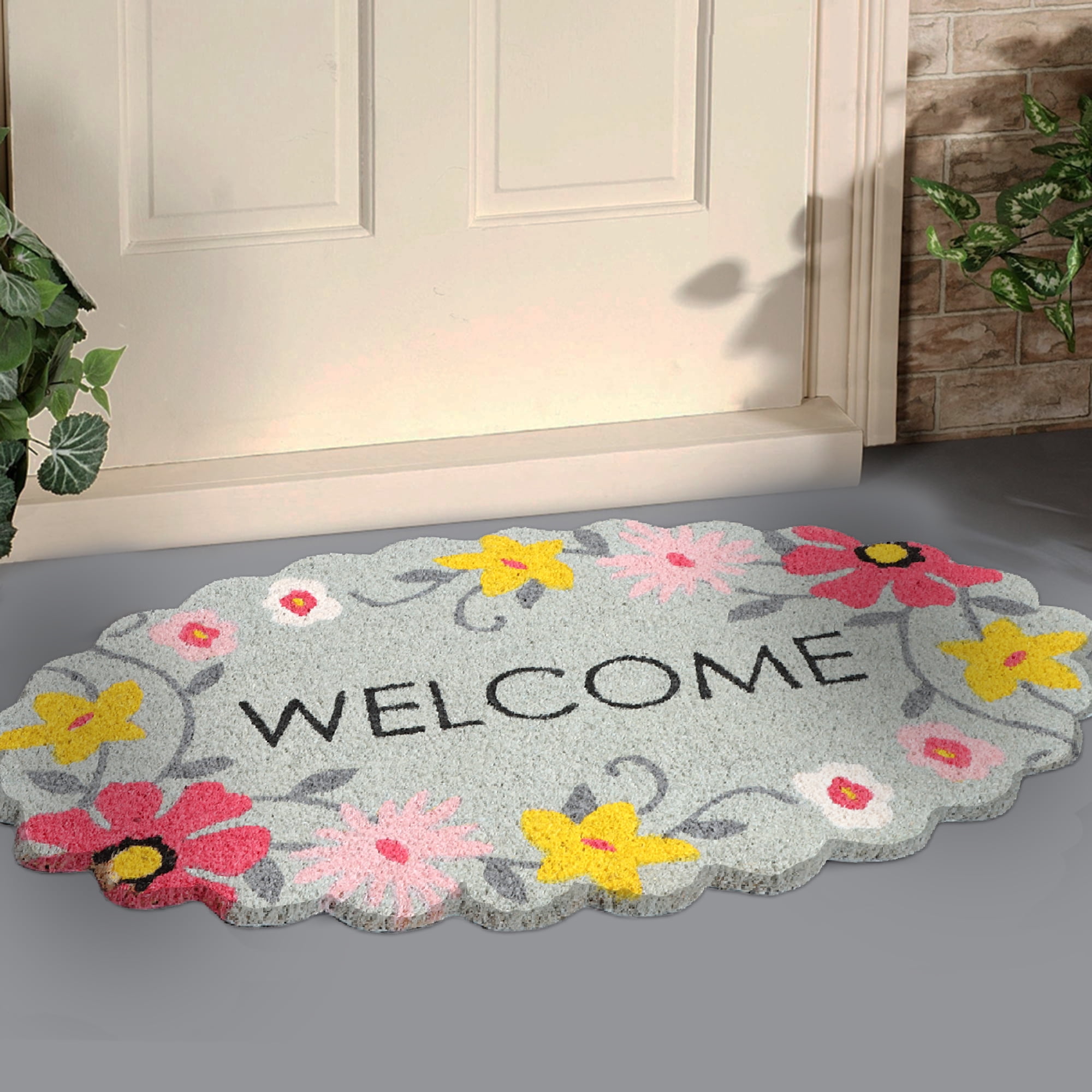 A1HC Natural Coco Coir Doormat, Spring Floral Scalloped, 18"x30", Durable Outdoor Welcome Mat, Non-Slip, Easy to Clean, Pet Friendly
