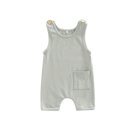 

aturustex Newborn Infant Girl Boy Romper Solid Color Sleeveless Button One-Piece Playsuit with Pocket Summer Clothes