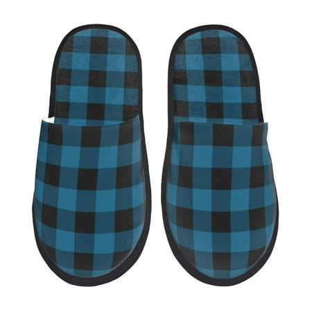 Balery Blue Black Plaid Slient Indoor Furry Fleece Comfort House Shoes Soft Non-Slip Home Shoes Cotton slippers House Slippers-- Large
