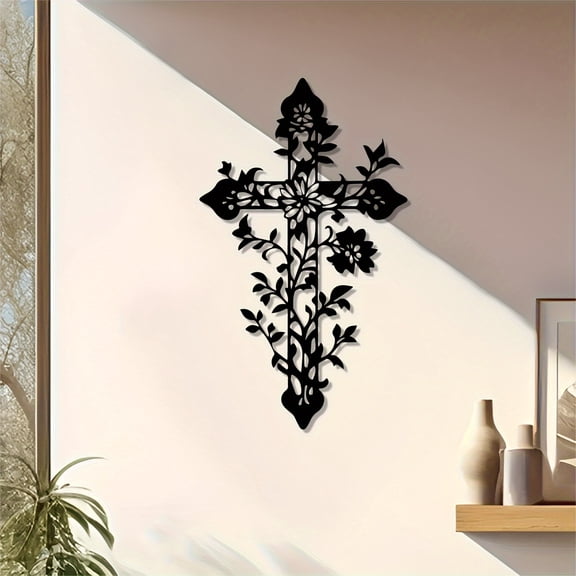 HELLOYOUNG Vintage Jesus Cross with Floral Branches Black Christian Home Decor Suitable for Living Room Bedroom Church - Inspirational Wall Art Gift for Believers, Faith Decoration Vintage Design