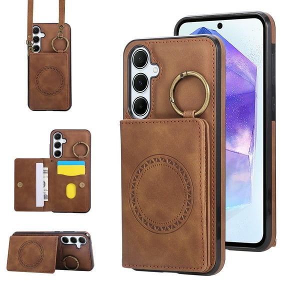 Allytechgroup Wallet Case for Samsung Galaxy S21 Plus, Magnetic Cover with Crossbody Shoulder Strap & Ring Holder Kickstand Cards Slots Compatible with Car Mount Stylish Phone Case Shell, Brown