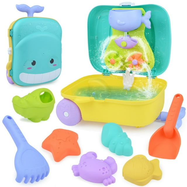 Ensemble de Jouets de Plage et de Bain pour Enfants 8 Pcs avec Valise à Roulettes Baleine Bleue - Comprend Pelle, Râteau, Étoile de Mer/crab/poisson/conque Moules & Outil de Façonnage Alligator / Kit Éducatif de Jeu de Sable et d'Eau pour 3 Ans et Plus