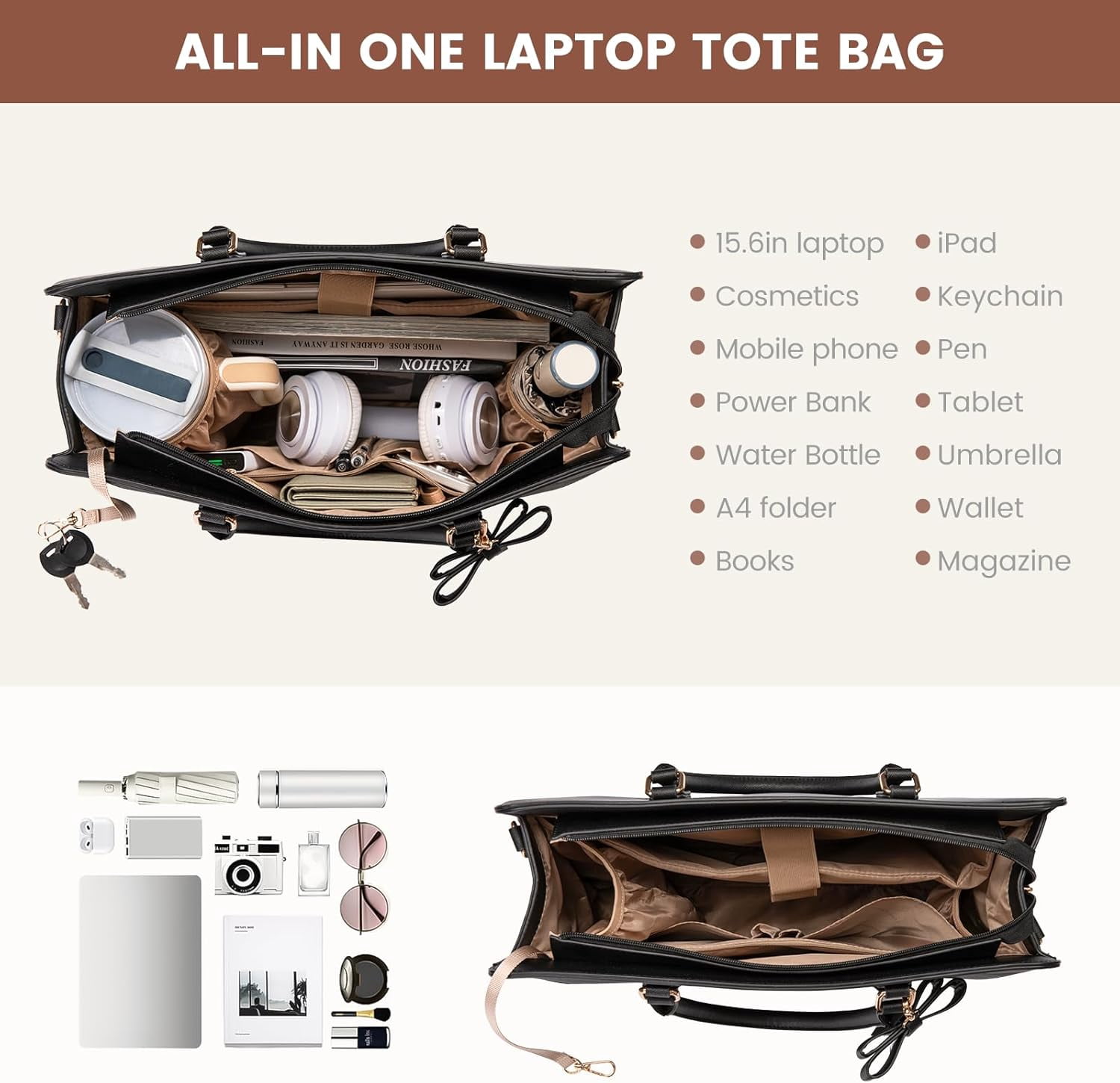 LOVEVOOK Laptop Tote Bag for Women, fits up to 15.6 Inch Large Computer Briefcase Leather Waterproof Business Teacher Bag,Computer Handbag Crossbody Purse,Office Gifts for Women