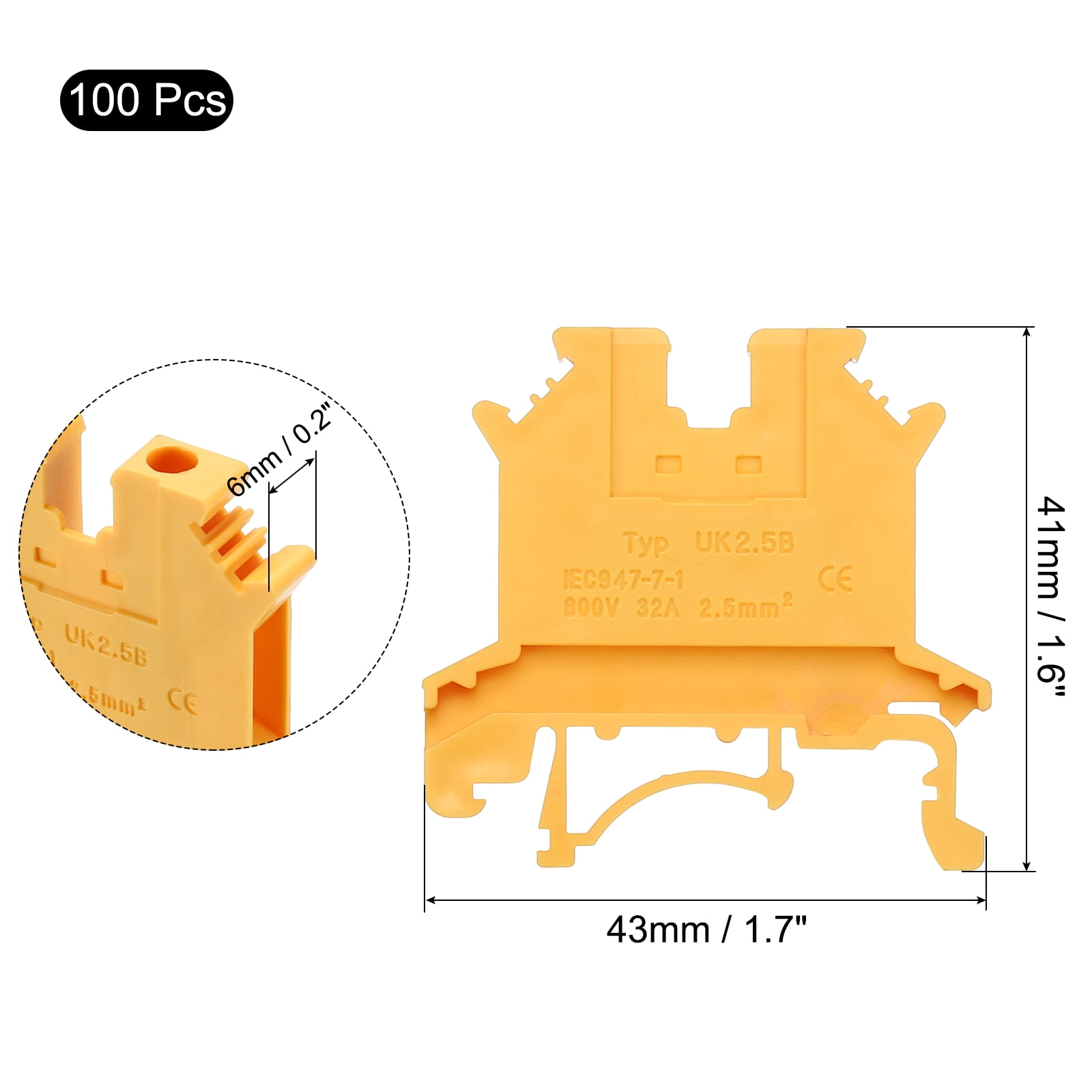 Uxcell Terminal Blocks 100 Pack UK-2.5B Rail Mount Fuse Holder Screw Terminal Block Wire End Bracket Stopper Din Rail Screw for DIY Electronic Circuits Machine Appliances, Yellow
