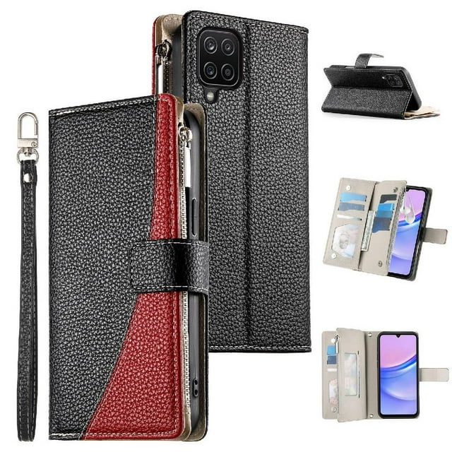 Funda cartera GANGXUN para Samsung Galaxy A12/M12 , cuero PU con tarjetero, cremallera, correa de mano, soporte y protección 1045°
