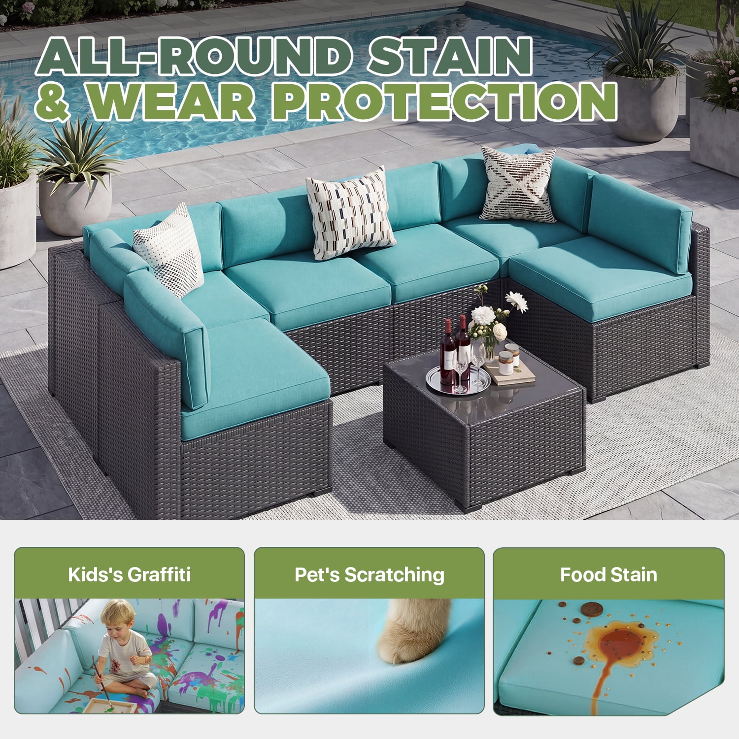 BaPiPro 14 Pack Sky Blue Outdoor Patio Sofa Cushion Replacement Covers, Fade‑Proof, Waterproof & Zippered, Wear‑Resistant, Stain‑Resistant Easy‑to‑Clean Slipcovers for Rattan Sectional Furniture