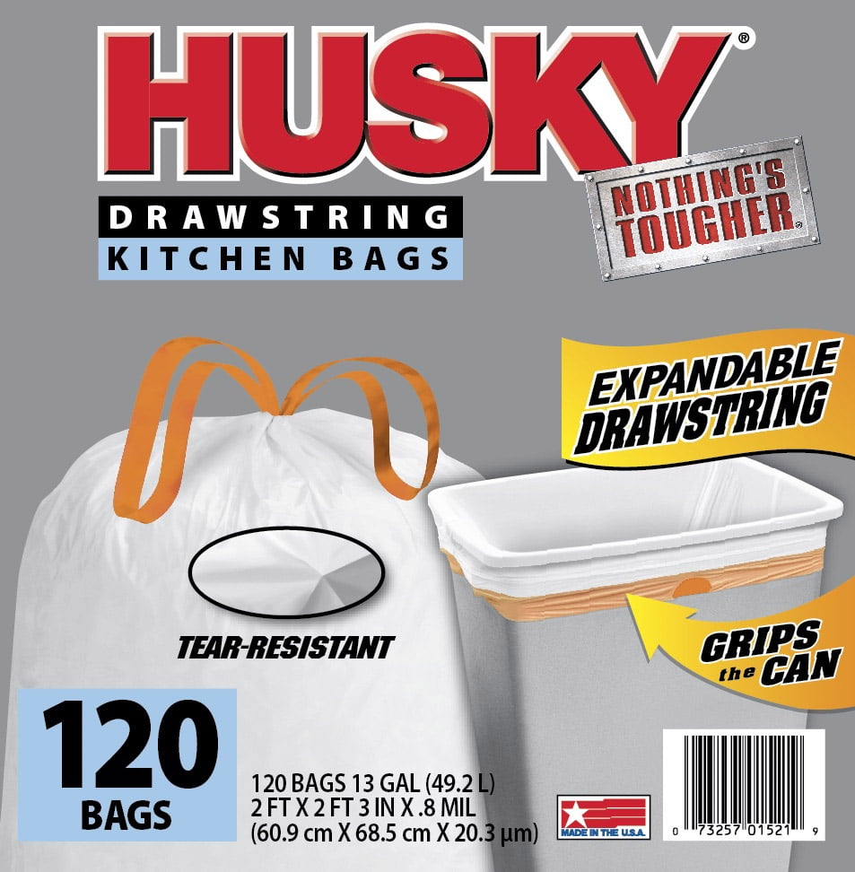 Husky Tall Kitchen Trash Bags, 13 Gallon, 120 Bags (Expandable Drawstring)