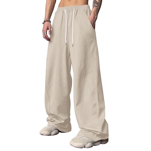Vamuko Men's Wide Leg Sweatpants Uncuffed Baggy Trousers Straight Leg Open Bottom Long Pants Drawstring Elastic Waist Loose Y2k Joggers with Pockets Beige L
