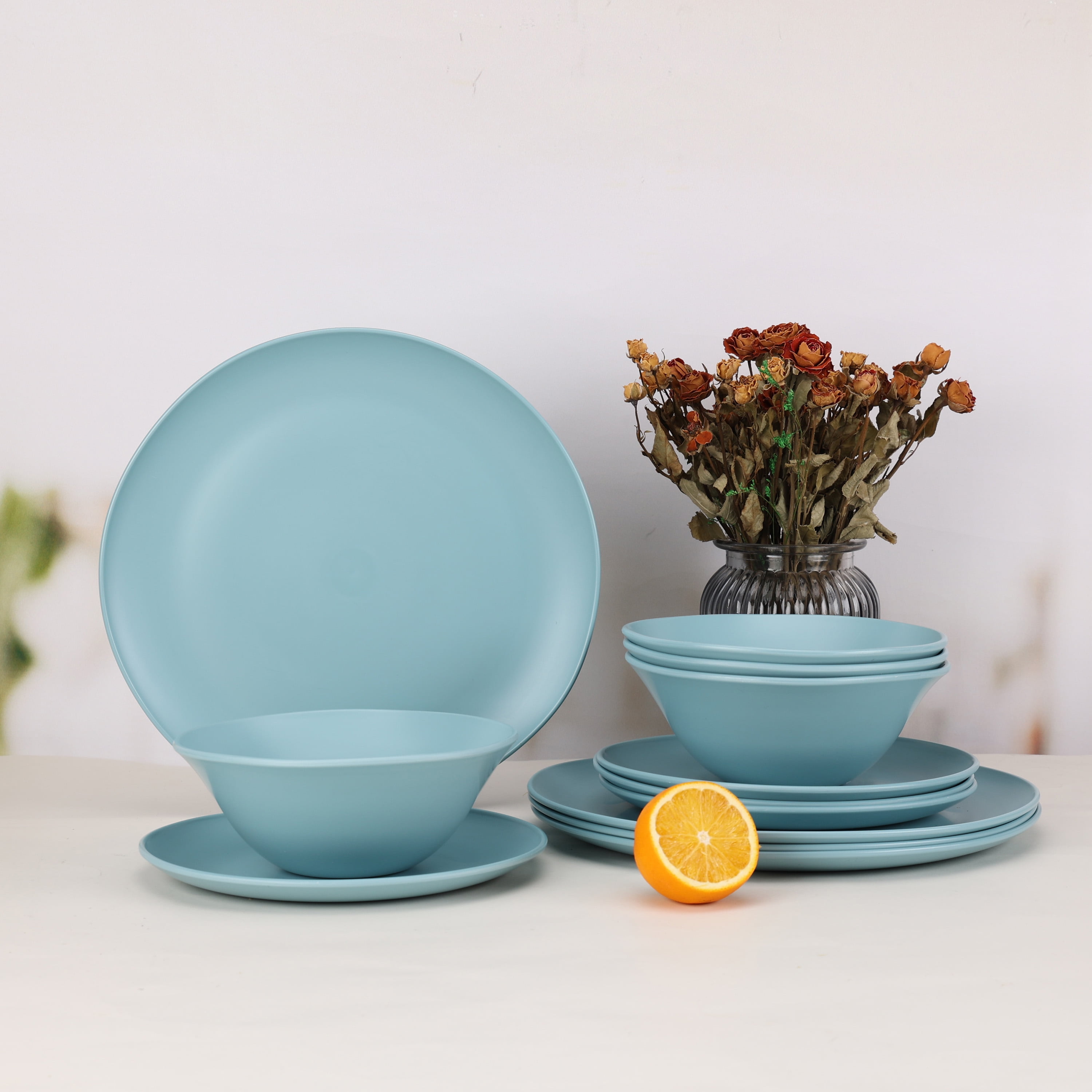 Mainstays Blue 12-Piece Dinnerware Set, Eco-Friendly Recycled Plastic