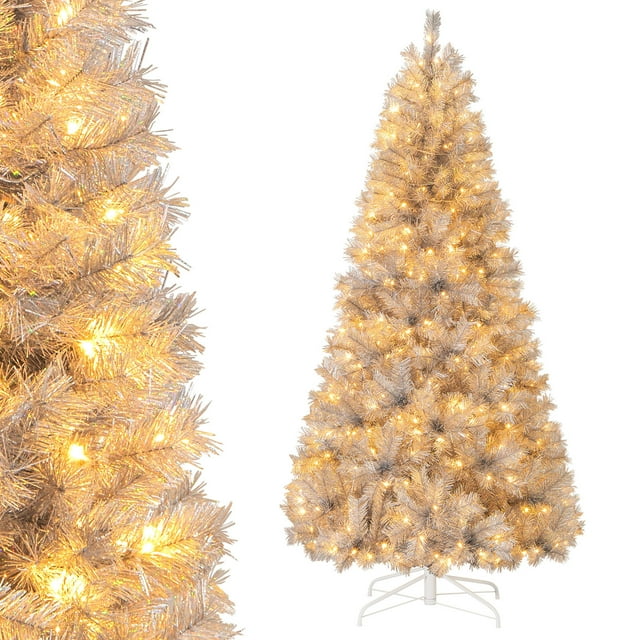 Gymax 7 FT Pre-Lit Artificial Christmas Tree Silver Tinsel Hinged Xmas Tree