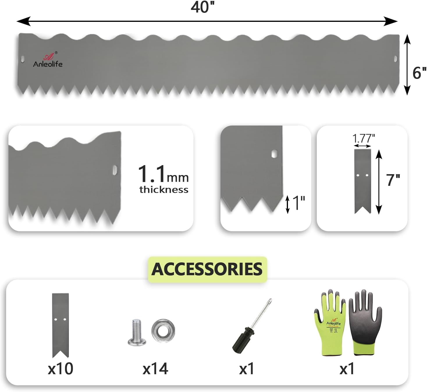 6 Pack 40" LX 6" H Galvanized Steel Garden Landscape Edging, Black Powder Coated Lawn Border with Gloves and 10 Stakes (20FT Total) (6 inch tall, wavy Edge, Quartz Grey)…