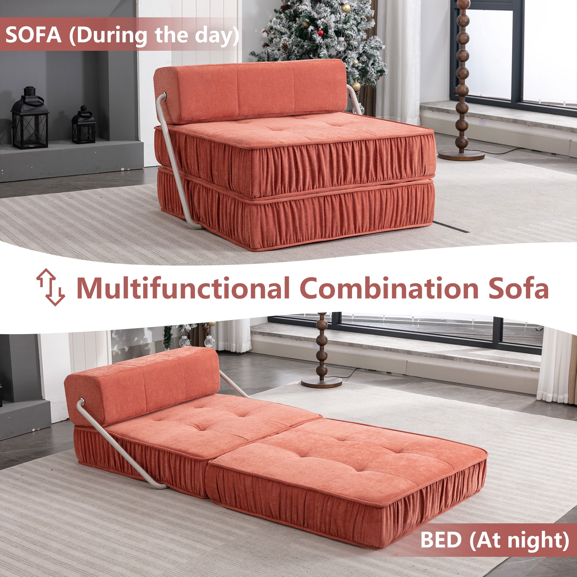 Folding Sofa Bed, Orange Convertible Sleeper Chair with Removable Back Cushion and Non-Slip Bottom, Chenille Futon Floor Couch for Living Room, Guest Room, Home Office