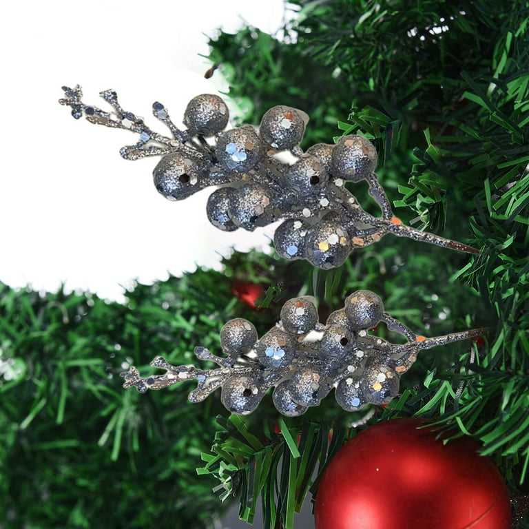 MTLEE Christmas Artificial Berry stem Glitter Berry Picks Faux Twig  Branches Xmas Decorations for Holiday Christmas Tree Wreath Home  Vase(Silver, 12