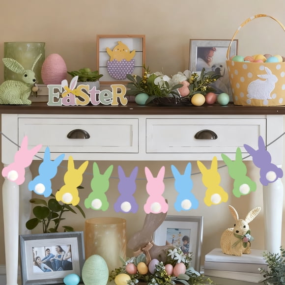 Weloille Easter Hanging Banner 1 Piece, Themed Pattern Bunting Flag, Bright Color Fade Resistant Decor Sign, Lightweight Garland for Home Wall Fireplace Easter Party Scene Decoration