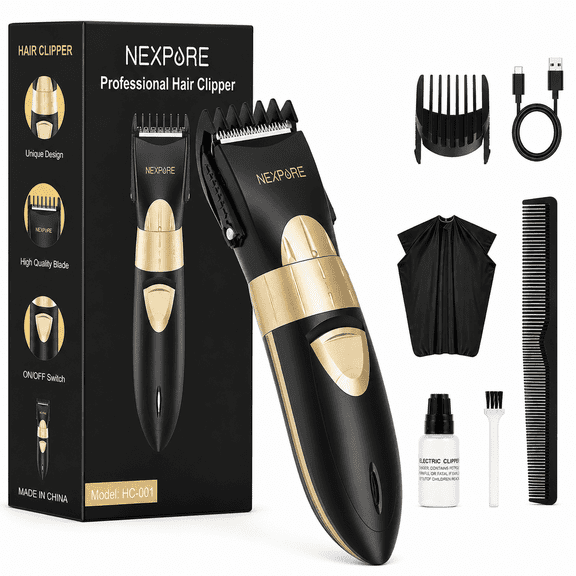 NEXPURE Hair Clippers for Men, Cordless Barber Clipper Kit with Trimmer, IPX7 Waterproof, Rechargeable Hair Cutting Machine with Guide Combs, Black