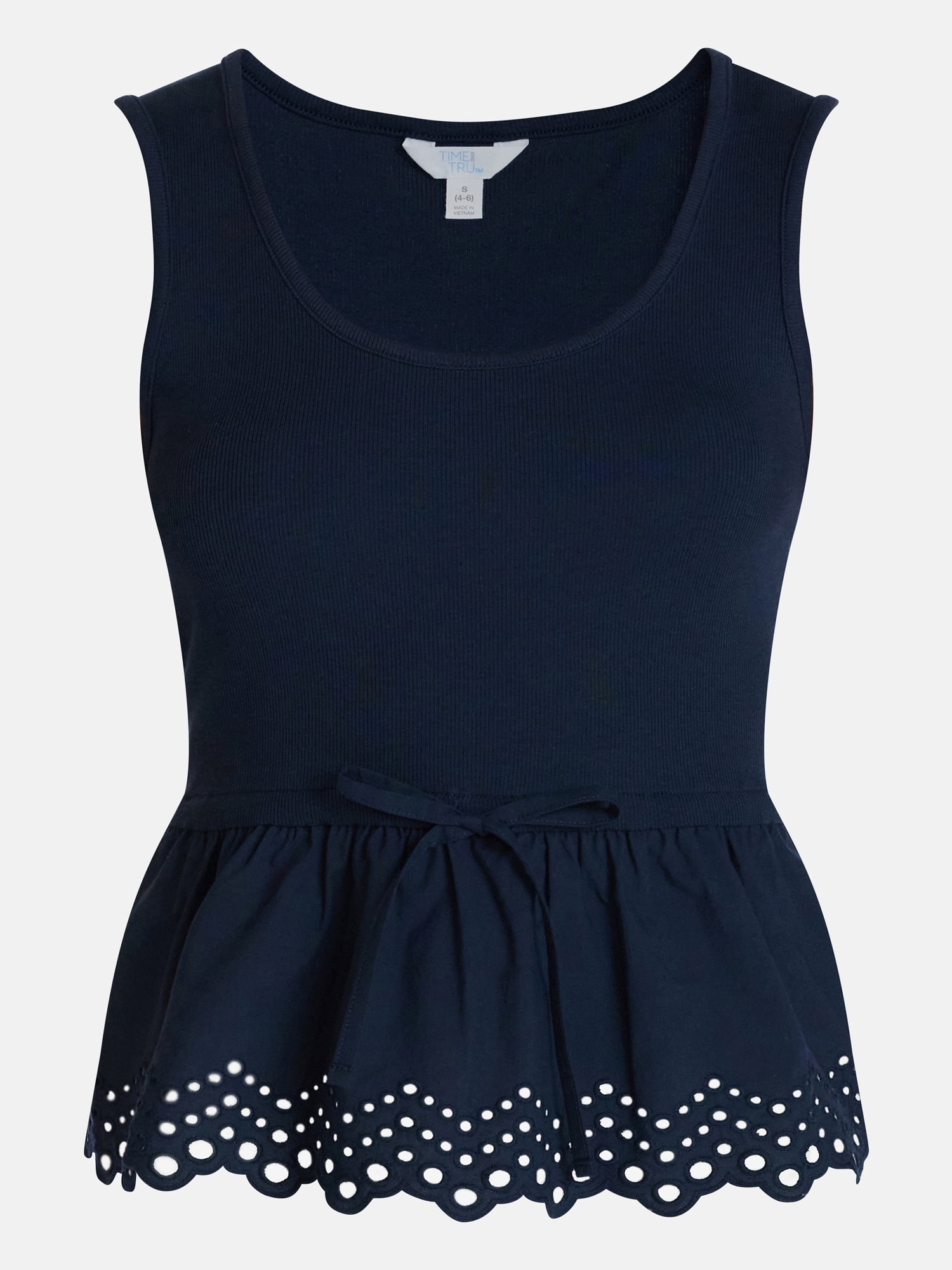Time and Tru Women's Eyelet Trim Tank Top with Peplum Hem, Sizes XS-XXXL